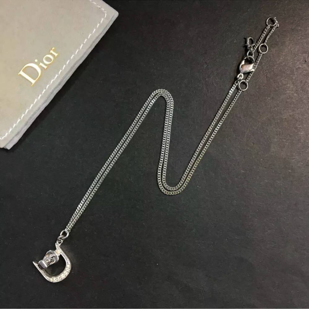 Christian Dior D Logo with Crystals Silver Tone Pendant Necklace